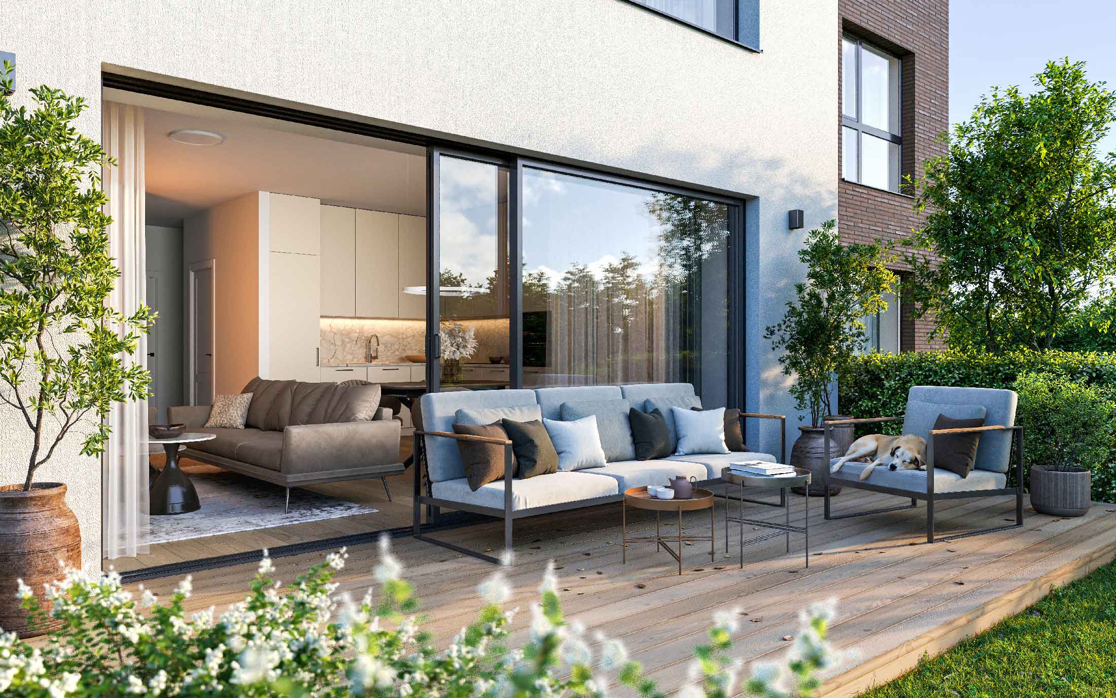 Antakalnio kalvų dvibučio architektūros detalė žalioje aplinkoje